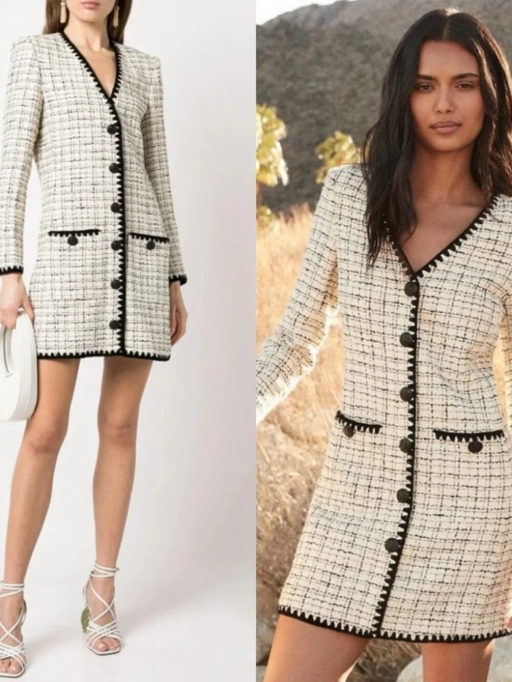 Womens Veronica Beard Palatine (Item-97) White Black Tweed Boucle V-Neck Dress 4 - Picture 1 of 16